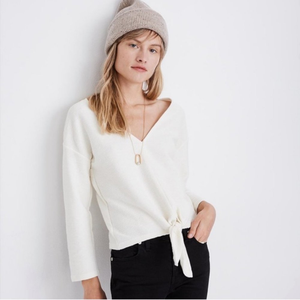 MADEWELL Texture & Thread White Bouclee Crop Top with Tie Front